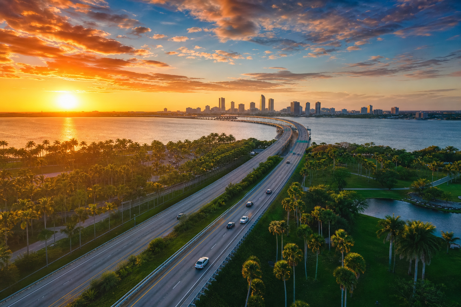 Aerial view of a Florida highway leading toward the Tampa skyline at golden hour