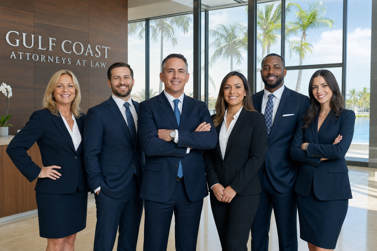 Team of Florida attorneys in a modern law firm lobby