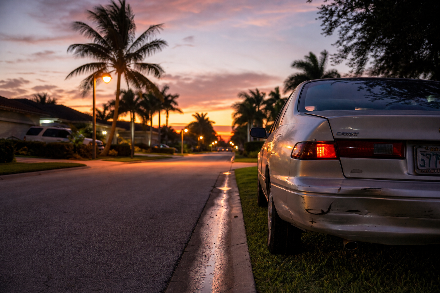 Parked car with rear bumper damage on a quiet Florida street at dusk