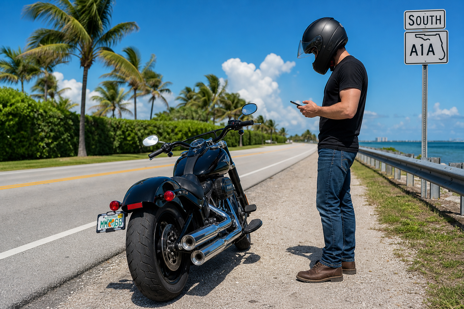 Motorcyclist standing safely beside his bike on the shoulder of a sunny Florida road