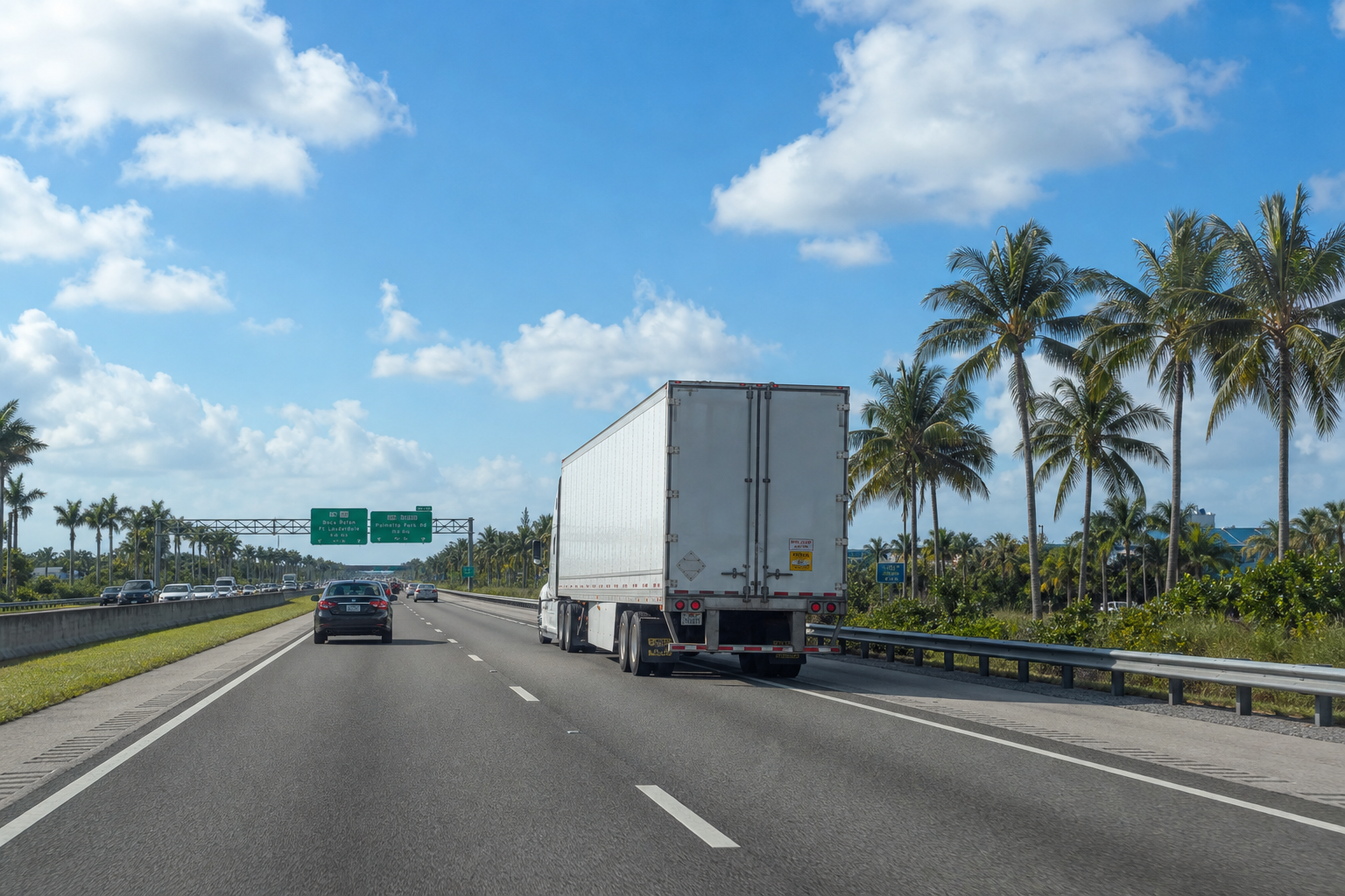 Semi-truck on a Florida interstate highway lined with palm trees