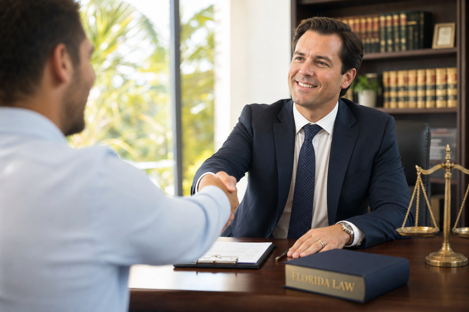 Florida car accident attorney shaking hands with a client after a successful referral