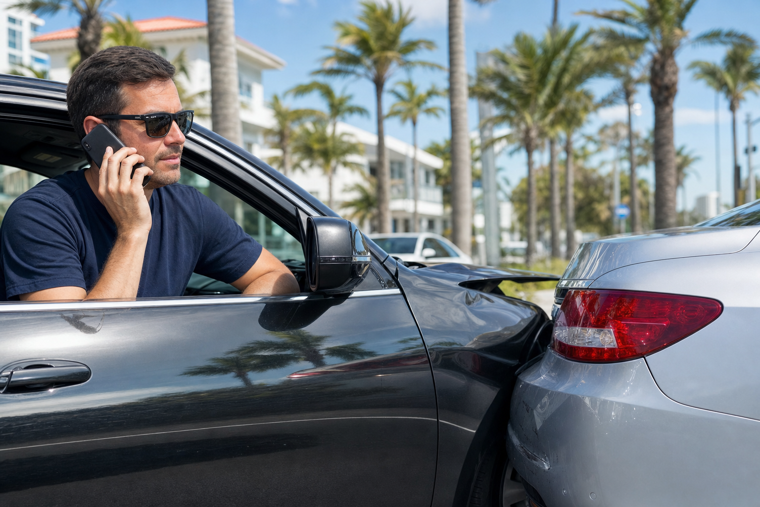Driver calling for help from their car after a minor accident on a Florida street