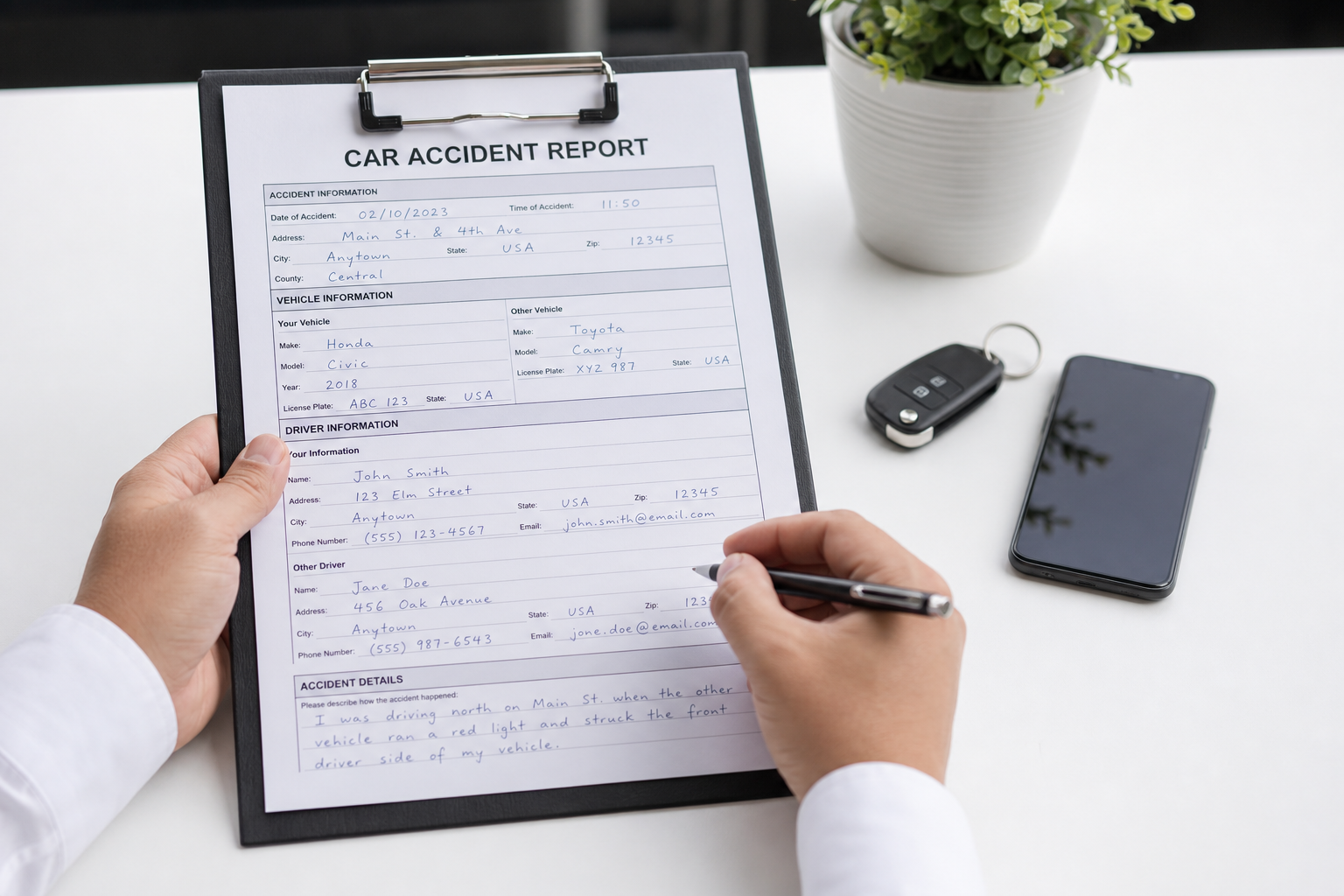 Person completing accident paperwork with car keys and phone on a desk