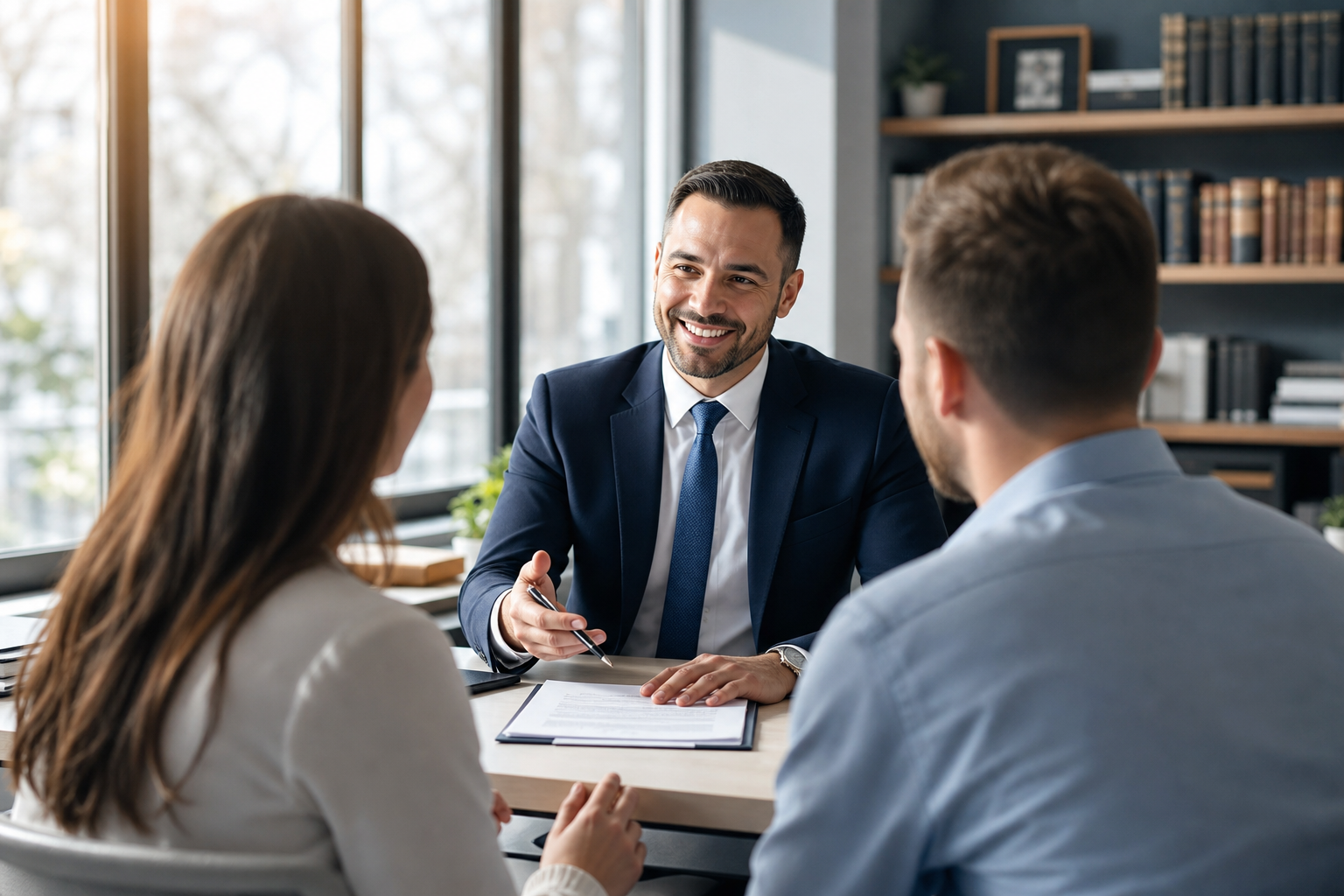 Attorney explaining insurance and liability documents to clients in an office